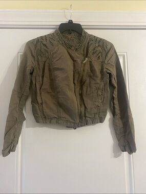 Free People Olive Green Cropped Lace-Panel Utility Jacket